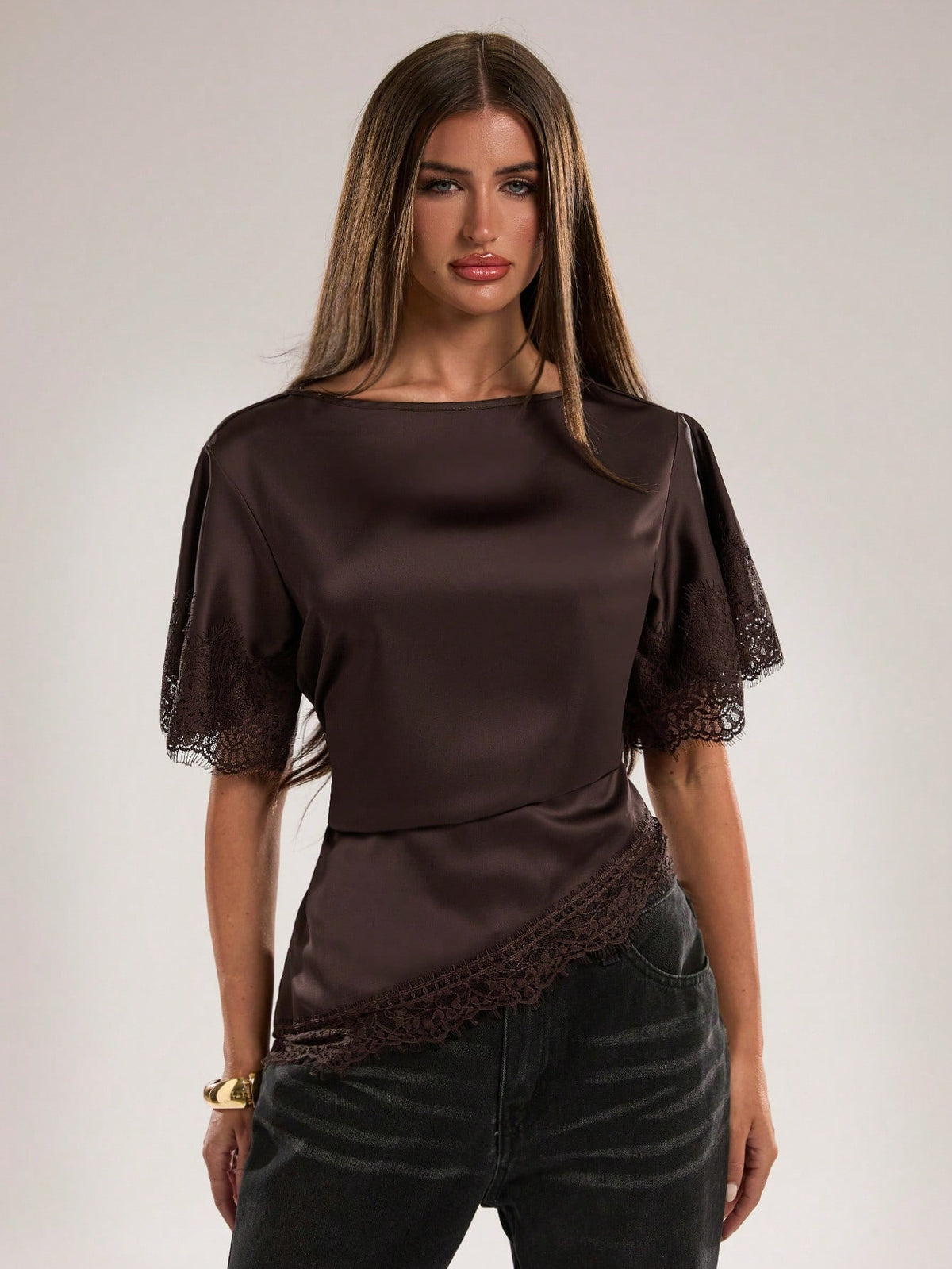 BAE Spring/Summer Women's Casual Commuter Round Neck Lace Trim Cuffs Back Tie Decor Asymmetrical Hem Lace Patchwork Satin Brown Top, Suitable For Work Commute, Daily Casual Wear, Office Wear, Ca