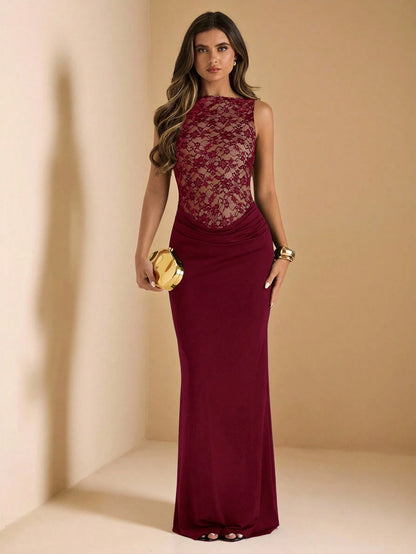 BAE Women's Burgundy Sleeveless Lace Knit Patchwork Elegant Mermaid Dress,Suitable For Autumn Wedding,Bridesmaid,Wedding Guest,Dining,Valentine Outfits