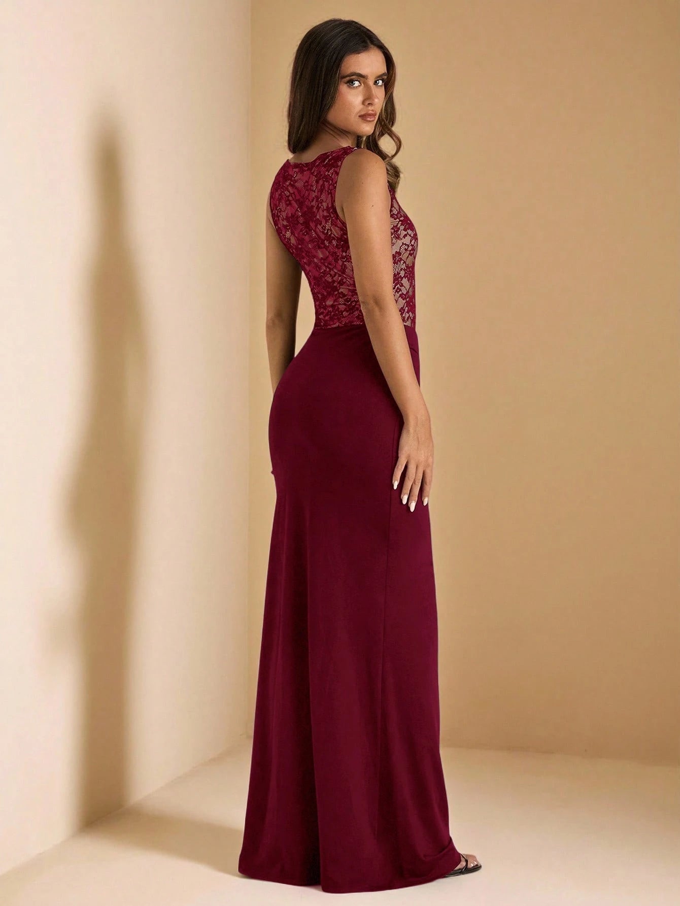 BAE Women's Burgundy Sleeveless Lace Knit Patchwork Elegant Mermaid Dress,Suitable For Autumn Wedding,Bridesmaid,Wedding Guest,Dining,Valentine Outfits