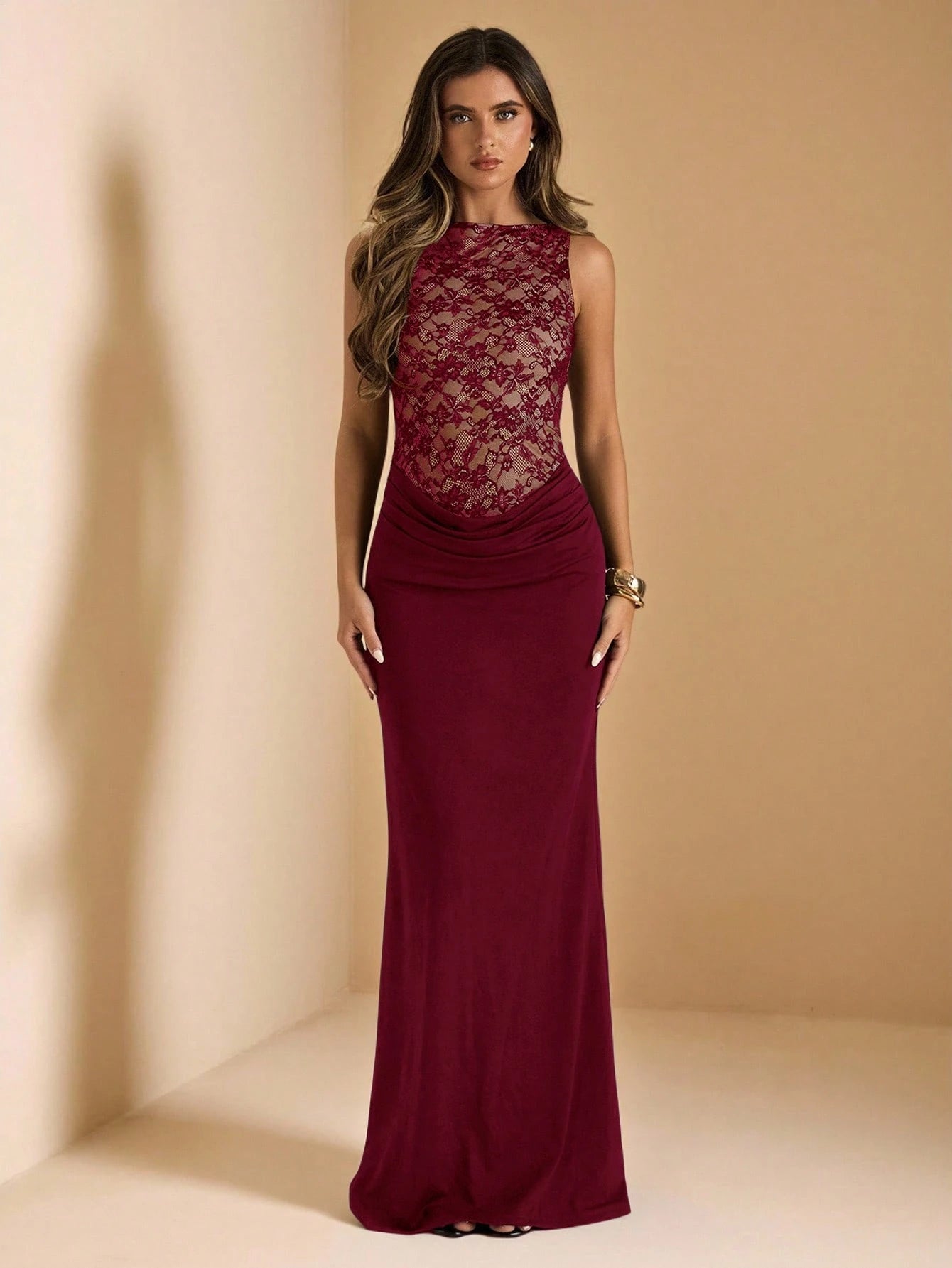 BAE Women's Burgundy Sleeveless Lace Knit Patchwork Elegant Mermaid Dress,Suitable For Autumn Wedding,Bridesmaid,Wedding Guest,Dining,Valentine Outfits