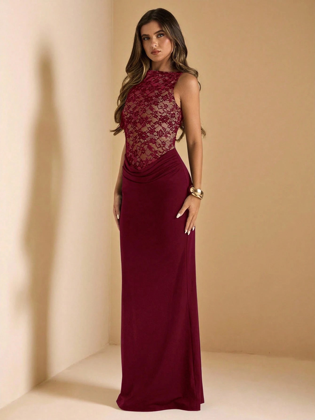 BAE Women's Burgundy Sleeveless Lace Knit Patchwork Elegant Mermaid Dress,Suitable For Autumn Wedding,Bridesmaid,Wedding Guest,Dining,Valentine Outfits