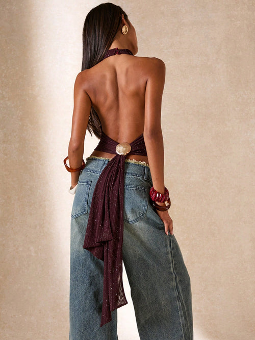 BAE Women's Burgundy,Summer,70's,Club Night,Party Disco Backless Halter Top,Plum & Reddish Brown Turtleneck Metal Button Open Back Tie Back Tank Top