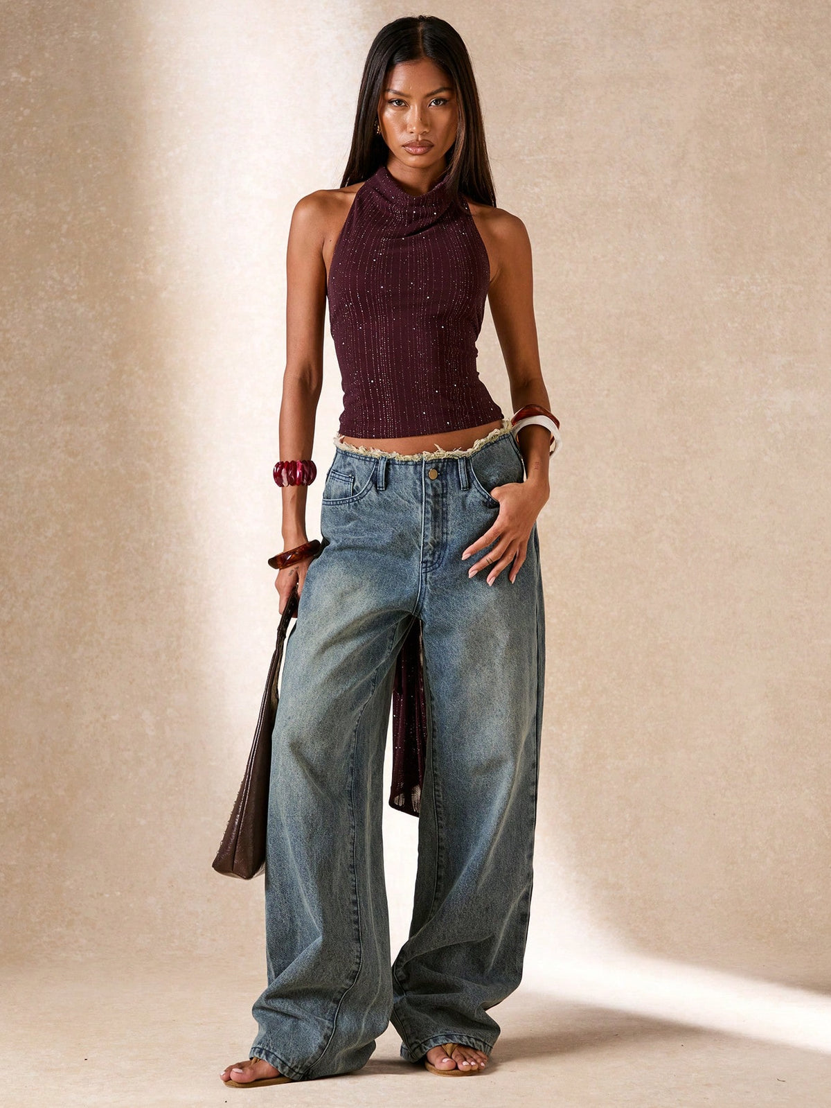 BAE Women's Burgundy,Summer,70's,Club Night,Party Disco Backless Halter Top,Plum & Reddish Brown Turtleneck Metal Button Open Back Tie Back Tank Top