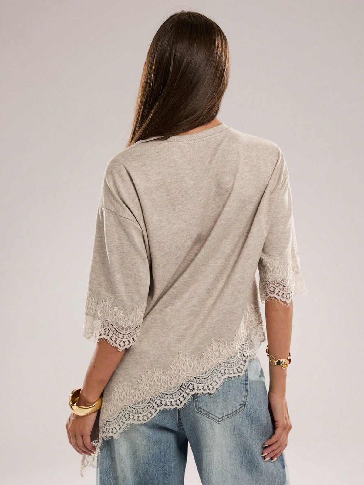 BAE Women's Casual Solid Color Ribbed Asymmetric Hem Lace Patchwork T-Shirt, Spring/Summer Daily Basic, Summer, Women's Summer Attire, Vacation, Women's Casual Tee, Women's Casual Top, New, Wo