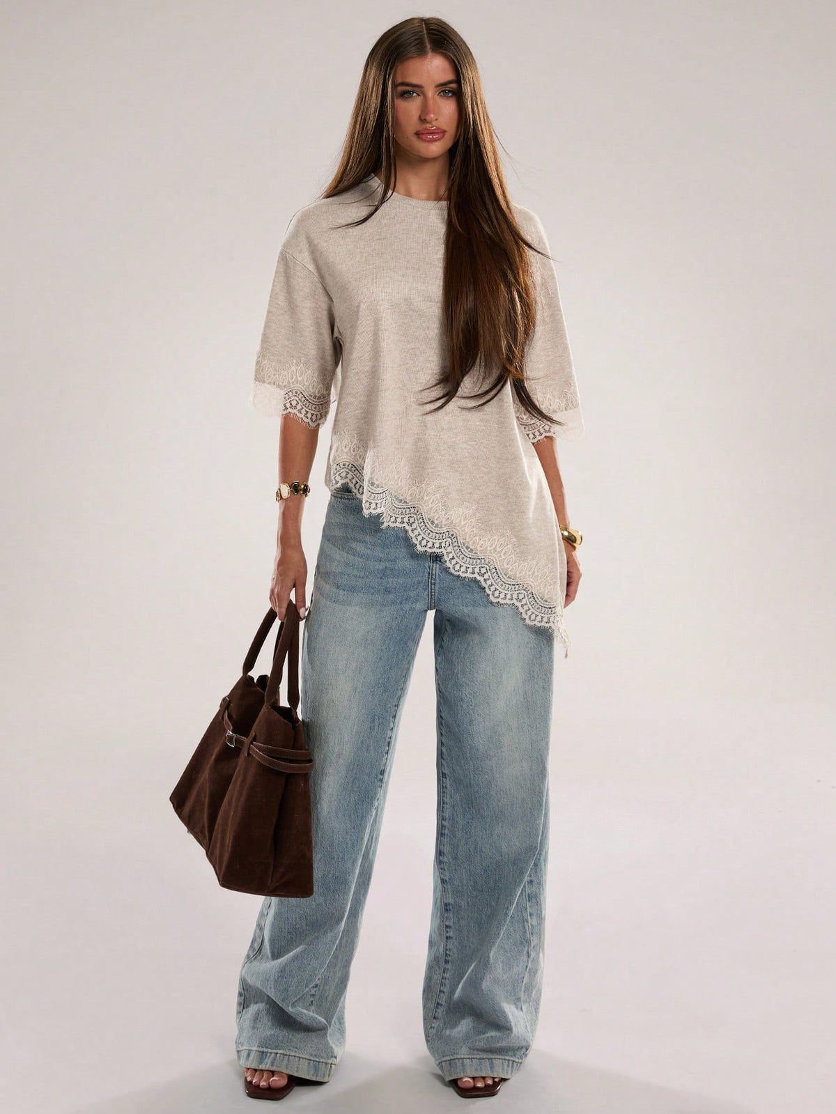 BAE Women's Casual Solid Color Ribbed Asymmetric Hem Lace Patchwork T-Shirt, Spring/Summer Daily Basic, Summer, Women's Summer Attire, Vacation, Women's Casual Tee, Women's Casual Top, New, Wo