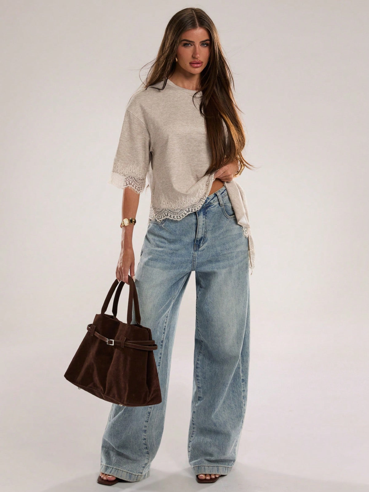 BAE Women's Casual Solid Color Ribbed Asymmetric Hem Lace Patchwork T-Shirt, Spring/Summer Daily Basic, Summer, Women's Summer Attire, Vacation, Women's Casual Tee, Women's Casual Top, New, Wo