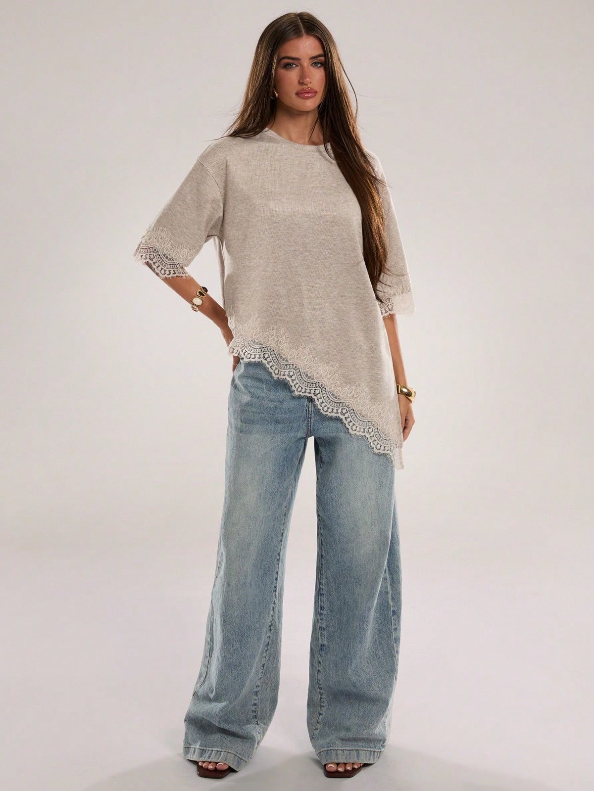 BAE Women's Casual Solid Color Ribbed Asymmetric Hem Lace Patchwork T-Shirt, Spring/Summer Daily Basic, Summer, Women's Summer Attire, Vacation, Women's Casual Tee, Women's Casual Top, New, Wo
