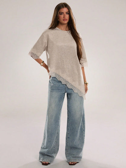 BAE Women's Casual Solid Color Ribbed Asymmetric Hem Lace Patchwork T-Shirt, Spring/Summer Daily Basic, Summer, Women's Summer Attire, Vacation, Women's Casual Tee, Women's Casual Top, New, Wo