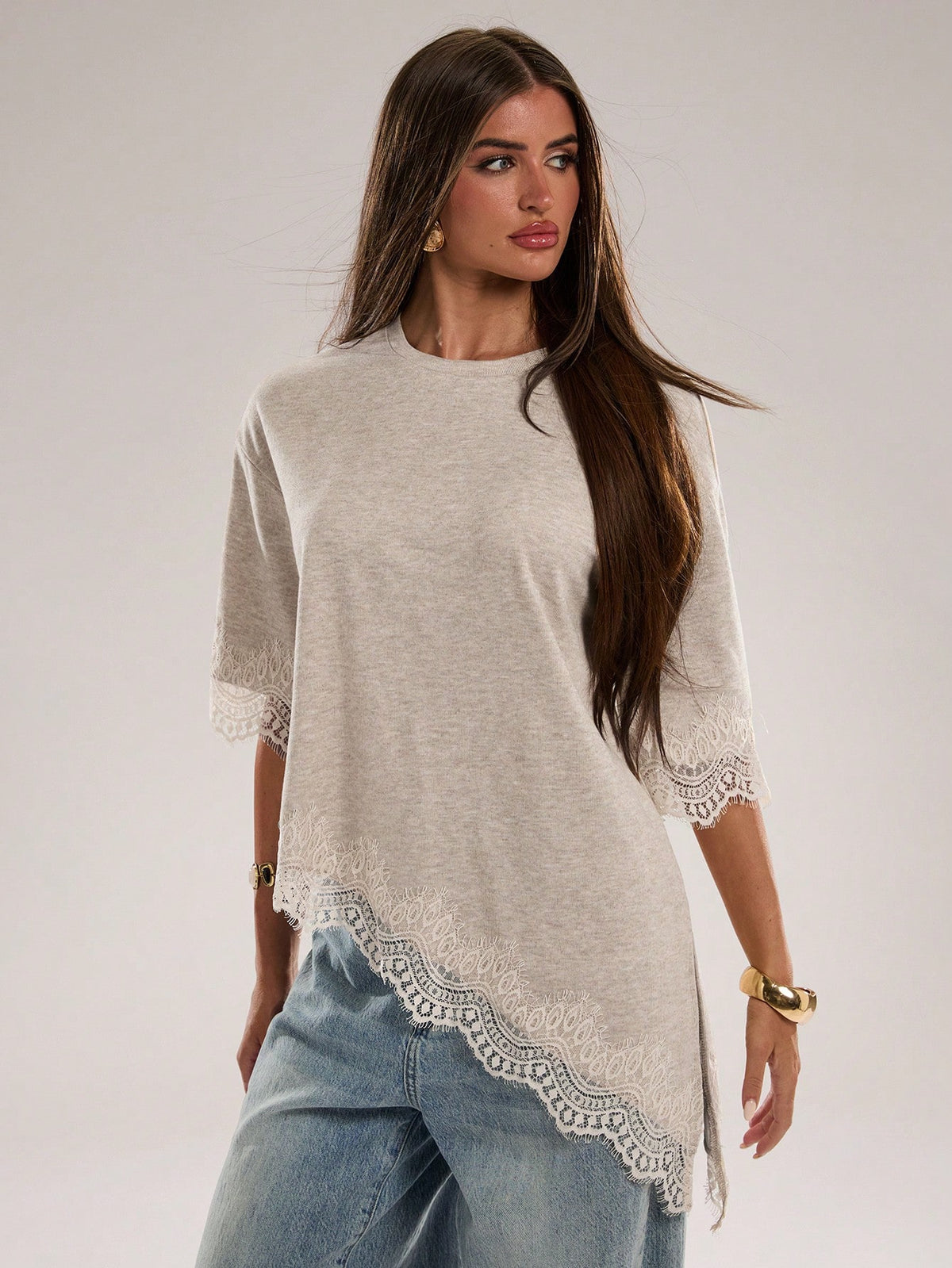 BAE Women's Casual Solid Color Ribbed Asymmetric Hem Lace Patchwork T-Shirt, Spring/Summer Daily Basic, Summer, Women's Summer Attire, Vacation, Women's Casual Tee, Women's Casual Top, New, Wo