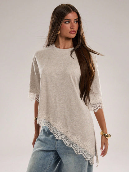 BAE Women's Casual Solid Color Ribbed Asymmetric Hem Lace Patchwork T-Shirt, Spring/Summer Daily Basic, Summer, Women's Summer Attire, Vacation, Women's Casual Tee, Women's Casual Top, New, Wo