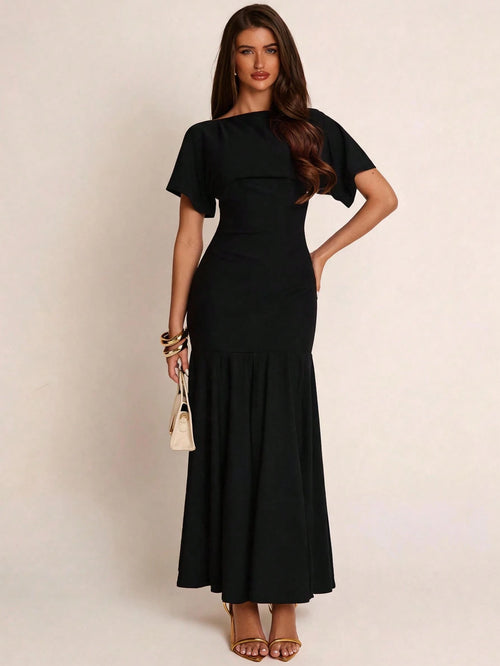 BAE Women's Solid Color Pleated Elegant Classy Mature Waist Gathering Dress For Party Dinner Date Formal Wedding Going Out Casual Outfits Black Summer