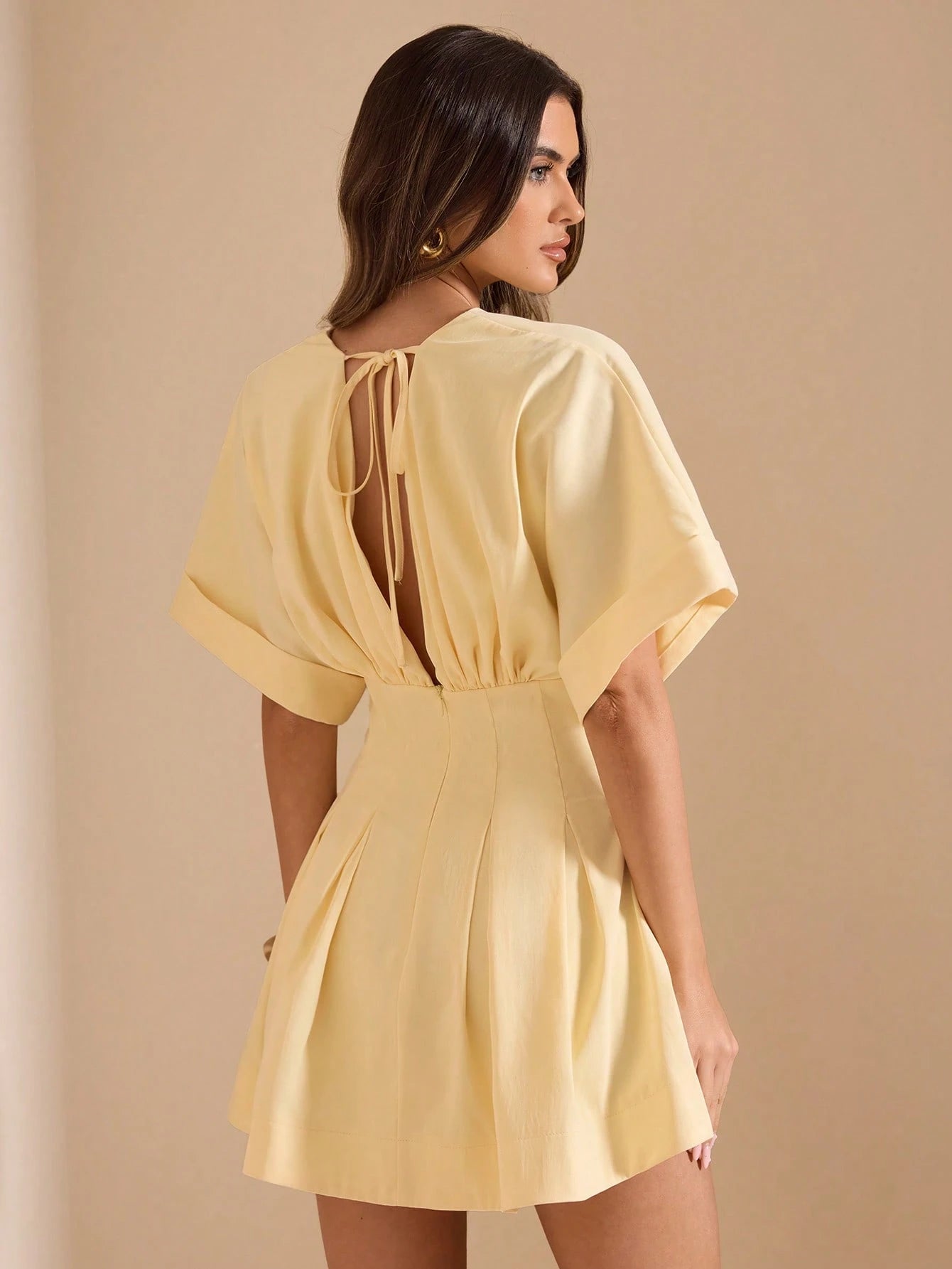 BAE Women's Solid Yellow Deep V-Neck Short Sleeve A-Line Casual Elegant Dress, Holiday Dress, Birthday Dress, Graceful Dress, Yellow Dress