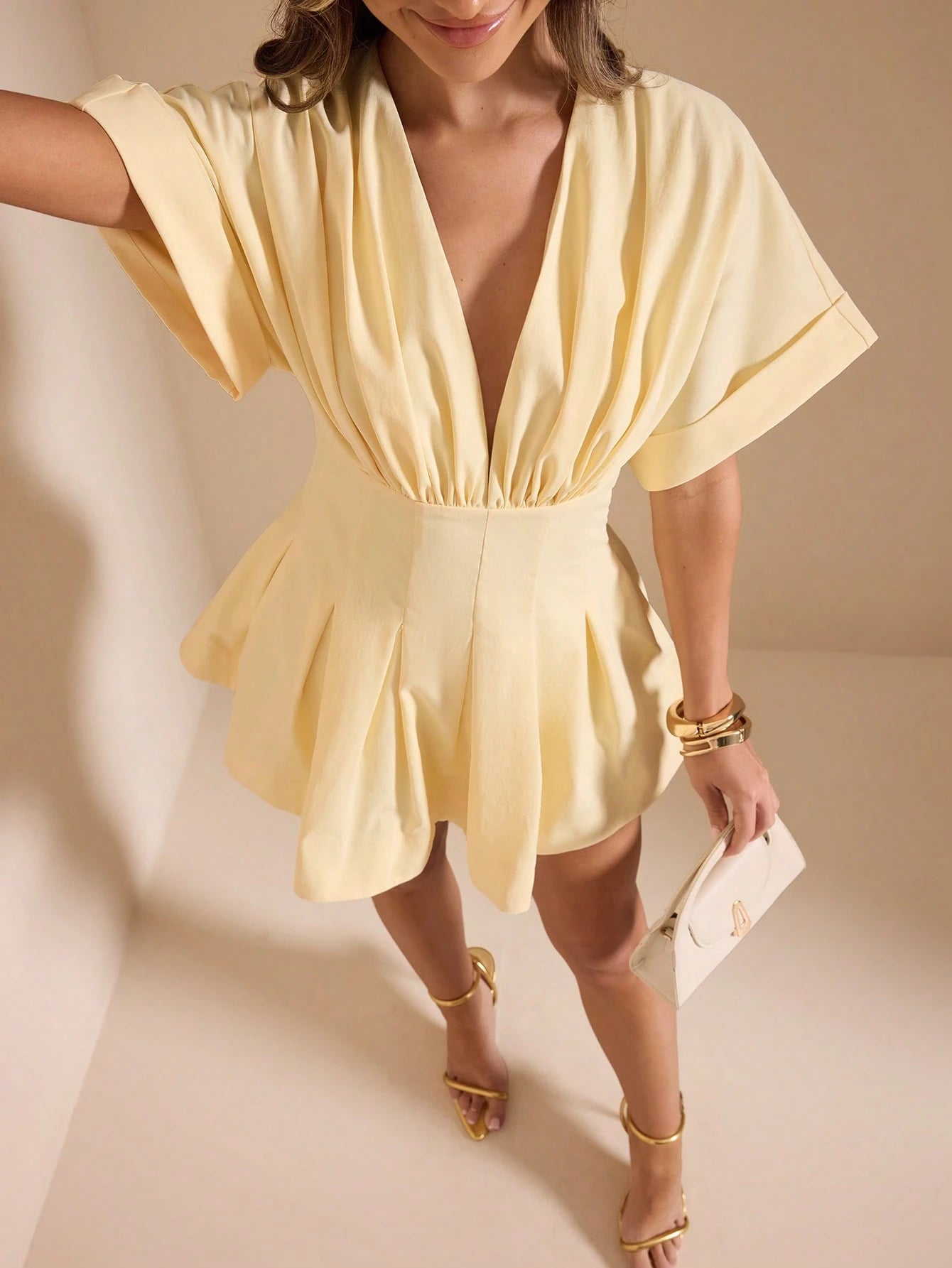BAE Women's Solid Yellow Deep V-Neck Short Sleeve A-Line Casual Elegant Dress, Holiday Dress, Birthday Dress, Graceful Dress, Yellow Dress