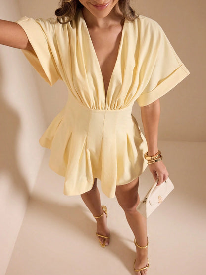 BAE Women's Solid Yellow Deep V-Neck Short Sleeve A-Line Casual Elegant Dress, Holiday Dress, Birthday Dress, Graceful Dress, Yellow Dress