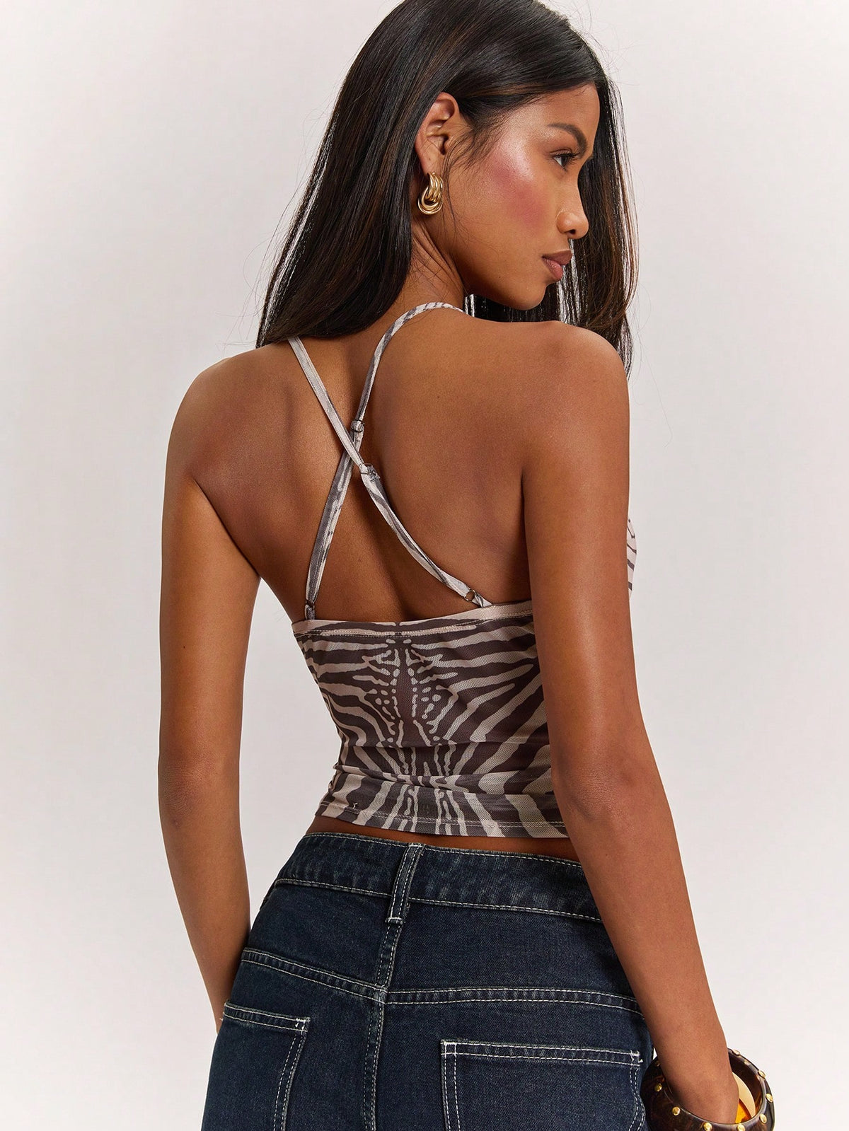 BAE Women's Zebra Striped Print Camisole Top, All Shades Of Brown, Summer, Street Wear Y2k, Club Night Metal Decor Top, Casual For Festivals