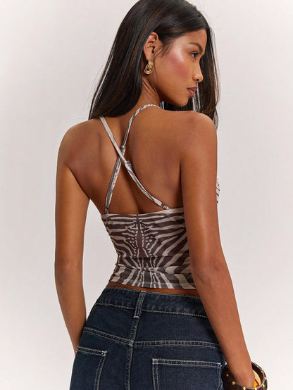 BAE Women's Zebra Striped Print Camisole Top, All Shades Of Brown, Summer, Street Wear Y2k, Club Night Metal Decor Top, Casual For Festivals