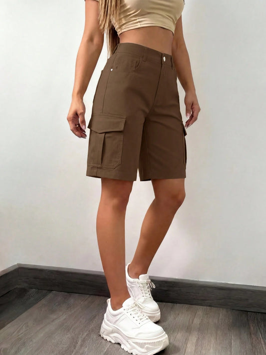 BAIQIANSHI Women's Dark Brown Multi-Pocket Button Loose Casual Elegant Mid-Waist Polyester Non-Stretch Lightweight Soft Comfortable Straight Leg Wide Leg Cargo Pants, Suitable For Street, Beach, Vacat