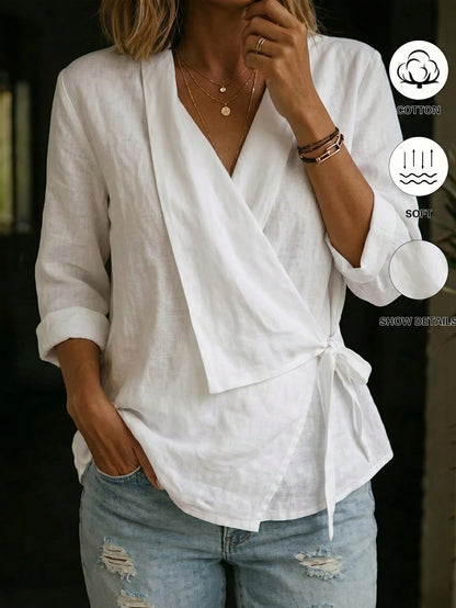 Balvessa Bohemian Casual Daily Vacation Country Commute Home Wear White Wrap Design Tie Pure Cotton Fabric Shirt Three-Quarter Sleeve Women Teacher Mother Elegant Minimalist Textured Fabric Flattering