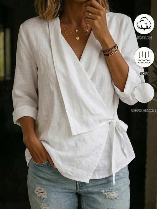 Balvessa Bohemian Casual Daily Vacation Country Commute Home Wear White Wrap Design Tie Pure Cotton Fabric Shirt Three-Quarter Sleeve Women Teacher Mother Elegant Minimalist Textured Fabric Flattering