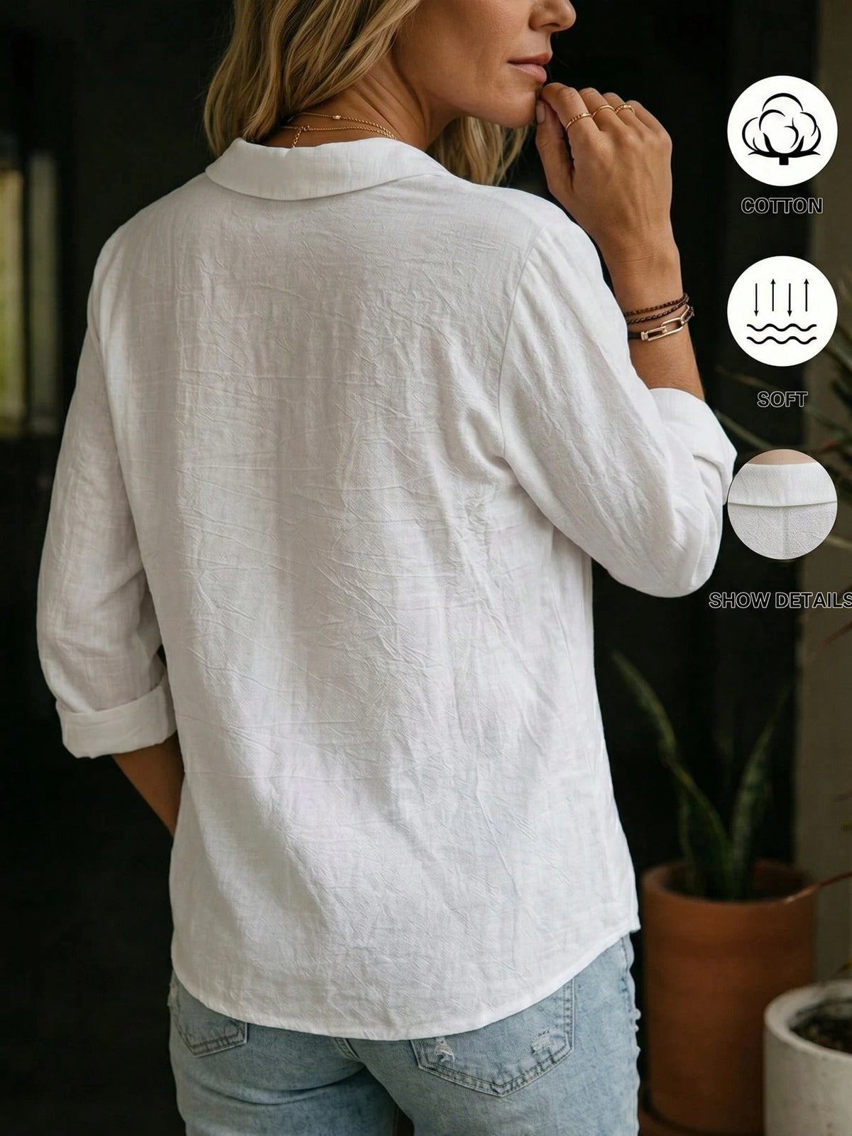 Balvessa Bohemian Casual Daily Vacation Country Commute Home Wear White Wrap Design Tie Pure Cotton Fabric Shirt Three-Quarter Sleeve Women Teacher Mother Elegant Minimalist Textured Fabric Flattering