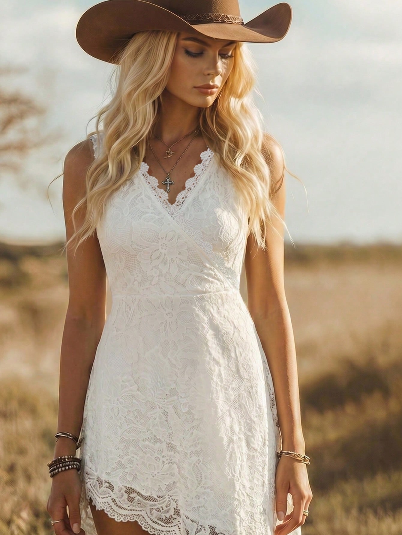 Balvessa Women's Sweet Vacation Lace Patchwork Asymmetrical Hem Fashion Dress