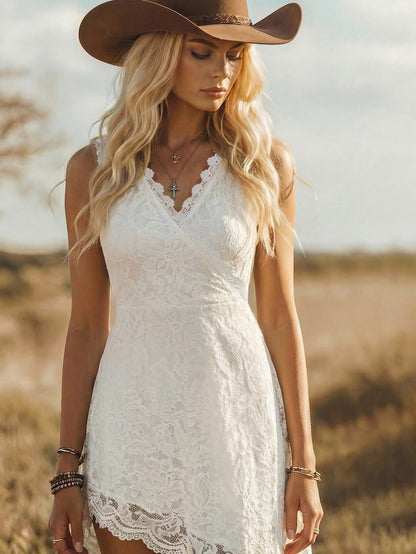 Balvessa Women's Sweet Vacation Lace Patchwork Asymmetrical Hem Fashion Dress
