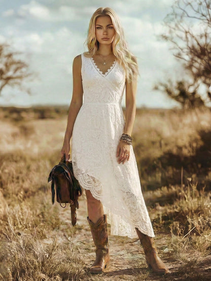 Balvessa Women's Sweet Vacation Lace Patchwork Asymmetrical Hem Fashion Dress