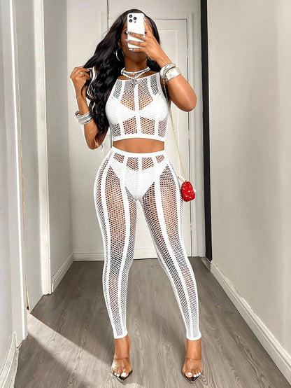 BamGleam Spring/Summer New Women's Knitted Fishnet Hollow Sexy Mesh Outfit Set Black Striped Tight Bodysuit Women's Cover-Up