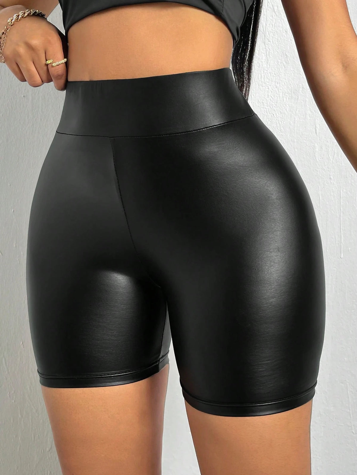 BamGleam Wideband High Waist PU Leather Biker Skinny Shorts