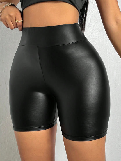 BamGleam Wideband High Waist PU Leather Biker Skinny Shorts