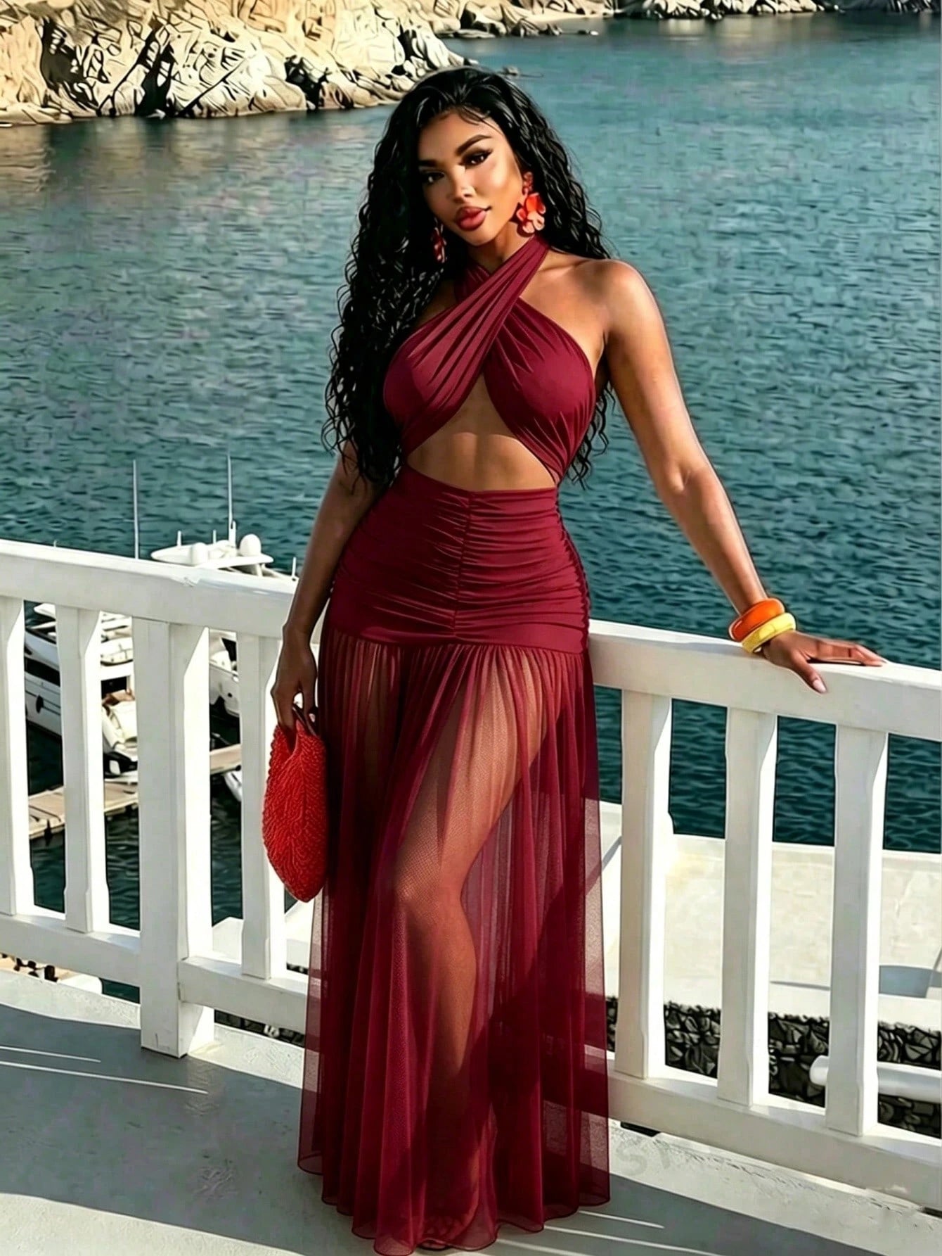 BamGleam Women's Ultra Long Floor-Length Halter Neck Mesh Ruched Backless Dress
