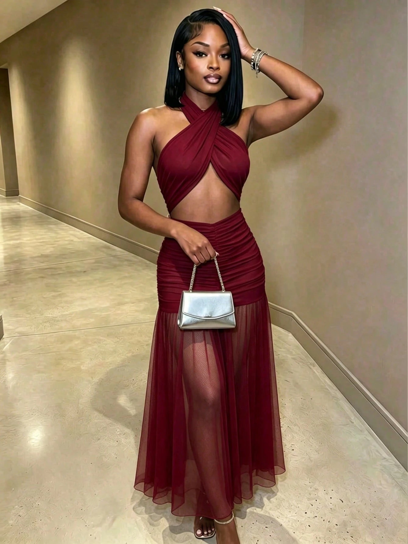 BamGleam Women's Ultra Long Floor-Length Halter Neck Mesh Ruched Backless Dress