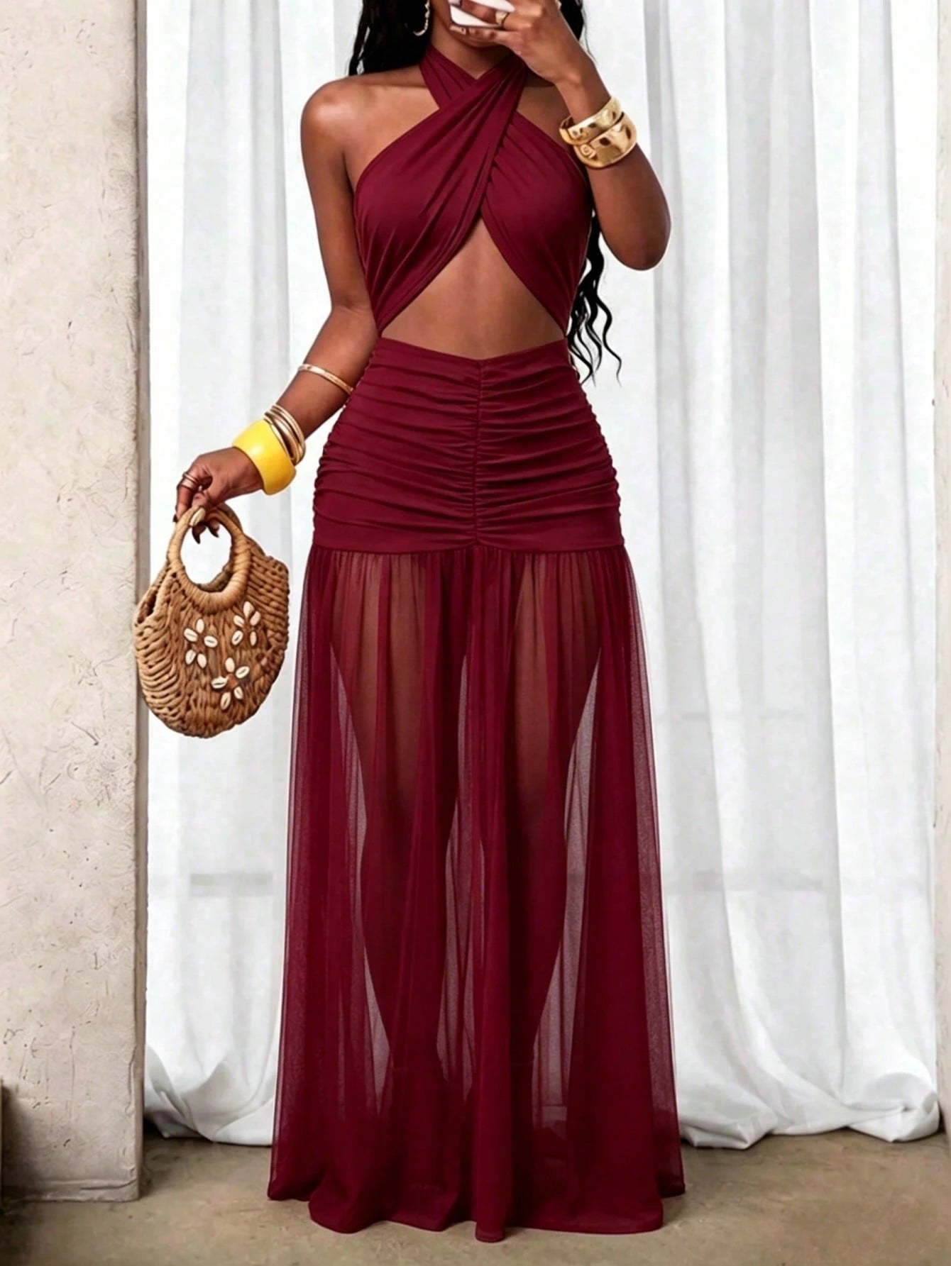 BamGleam Women's Ultra Long Floor-Length Halter Neck Mesh Ruched Backless Dress