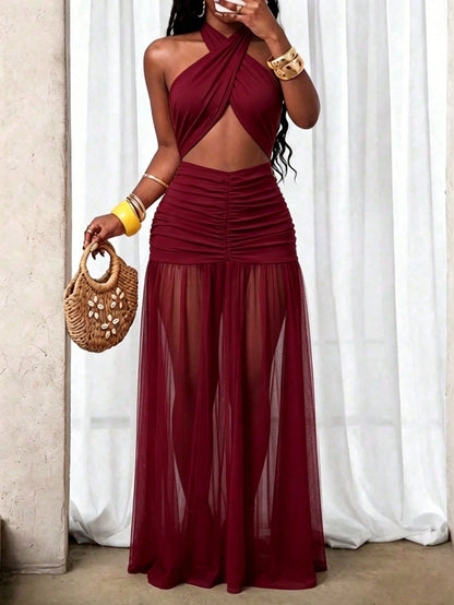 BamGleam Women's Ultra Long Floor-Length Halter Neck Mesh Ruched Backless Dress