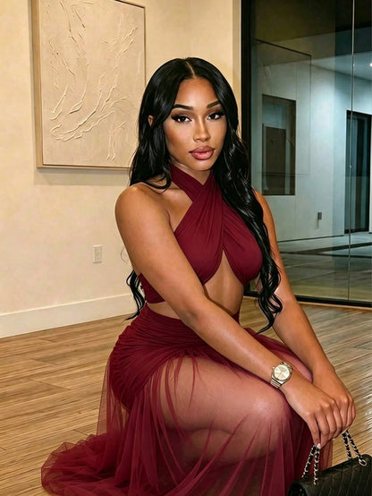 BamGleam Women's Ultra Long Floor-Length Halter Neck Mesh Ruched Backless Dress