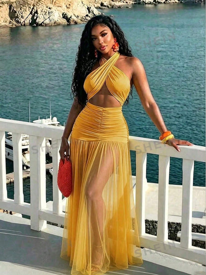 BamGleam Women's Ultra Long Floor-Length Halter Neck Mesh Ruched Backless Dress