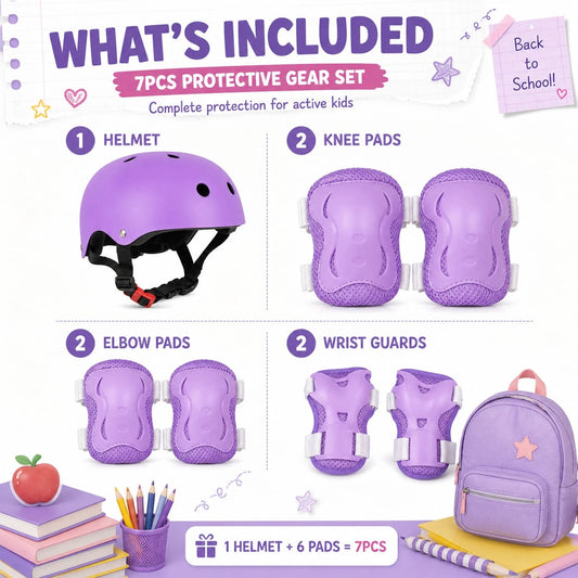 BAT DEICIDE 7PCS Kids Bike Helmet And Protective Pads Set, Adjustable Helmet With Knee Elbow Pads And Wrist Guards For Skating, Scooter, Cycling, Ages 3-10