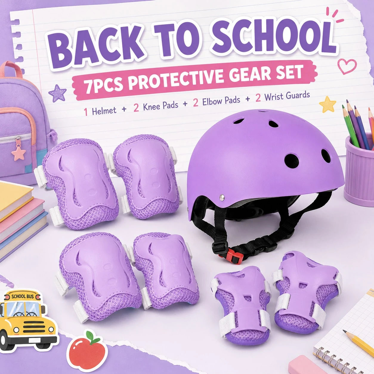 BAT DEICIDE 7PCS Kids Bike Helmet And Protective Pads Set, Adjustable Helmet With Knee Elbow Pads And Wrist Guards For Skating, Scooter, Cycling, Ages 3-10