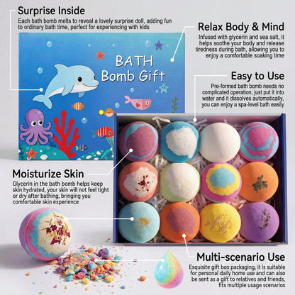 Bath Bombs For Kids With Surprise Inside, 12 Pack Colorful Surprise Bath Fizzies Set- Organic Natural Bath Bombs Set- Ideal Birthday Gift For Boys & Girls- Perfect Handmade Birthday, Party, For Boy