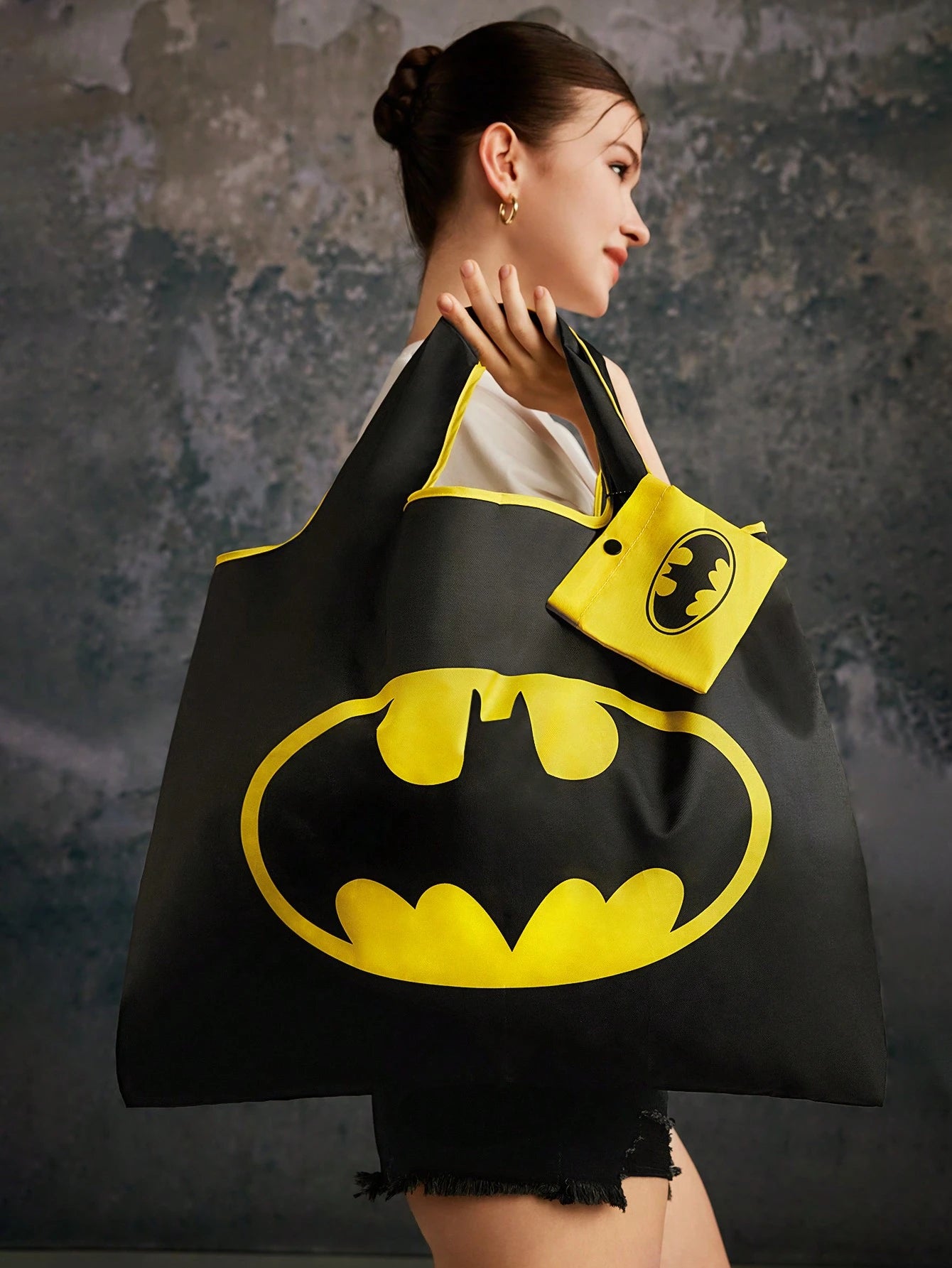 BATMAN X 1pc Fashionable Bat Print Foldable Portable Shopping Tote Bag