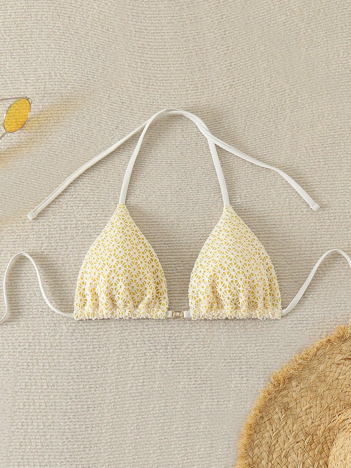 Beach For Woman- Swim Mod-D Summer Halter Solid Color Textured Fabric Bikini Top