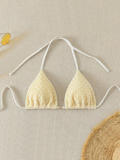 Beach For Woman- Swim Mod-D Summer Halter Solid Color Textured Fabric Bikini Top
