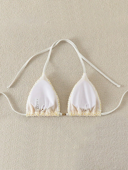 Beach For Woman- Swim Mod-D Summer Halter Solid Color Textured Fabric Bikini Top