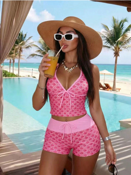 Bellisia 2pcs Pink Tropical Tie-Front Spaghetti Strap Tankini Top And Hipster Bikini Bottom Set For Women Beach Vacation Summer Tropical