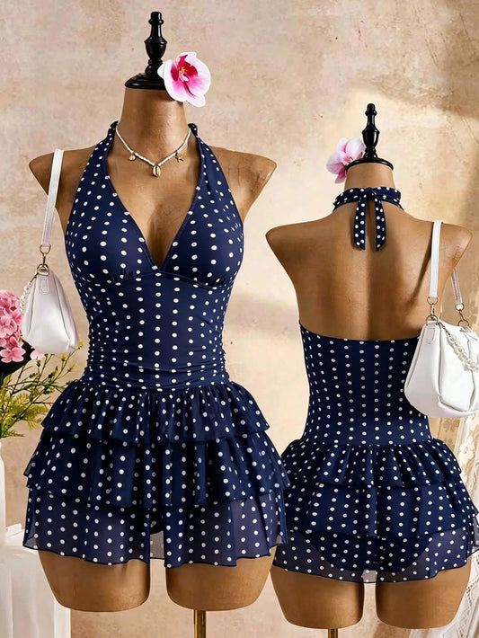 Bellisia Navy Blue Polka Dot Halter Neck Backless Deep V 3-Tier Ruffle Hem Swimsuit Skirt,Sweet & Cute Style For Summer,Tropical,Holiday,Pool Party,Holiday