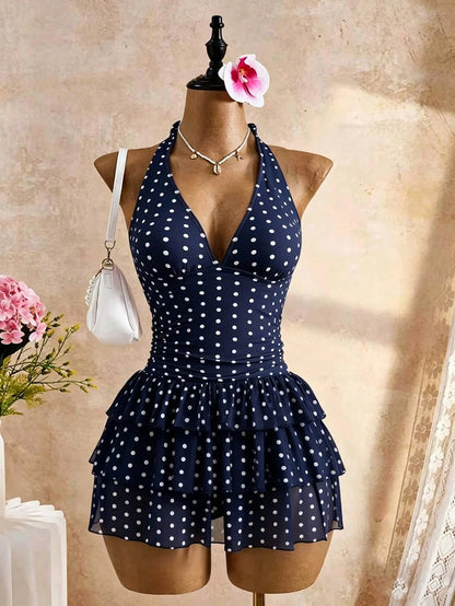 Bellisia Navy Blue Polka Dot Halter Neck Backless Deep V 3-Tier Ruffle Hem Swimsuit Skirt,Sweet & Cute Style For Summer,Tropical,Holiday,Pool Party,Holiday
