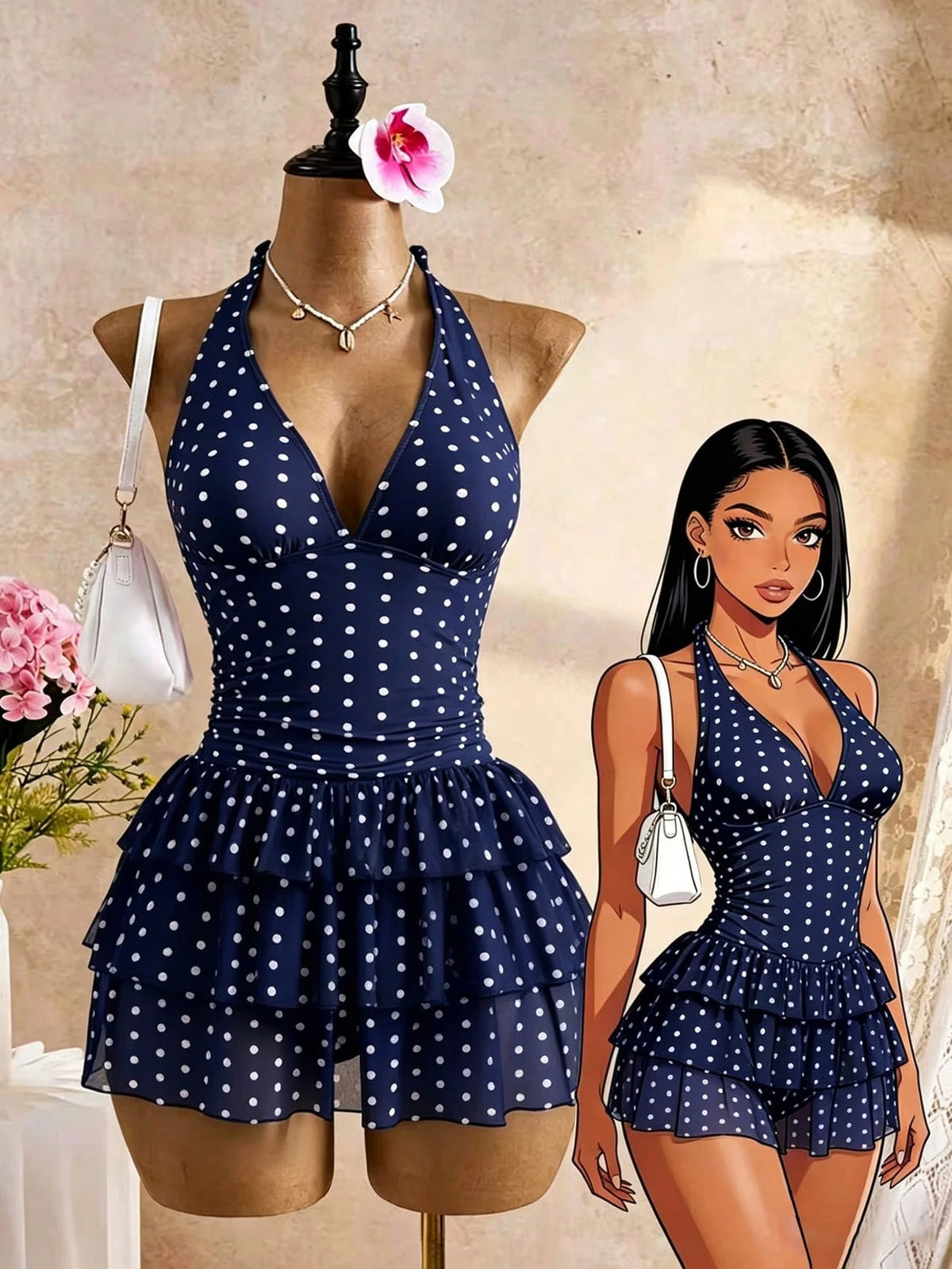 Bellisia Navy Blue Polka Dot Halter Neck Backless Deep V 3-Tier Ruffle Hem Swimsuit Skirt,Sweet & Cute Style For Summer,Tropical,Holiday,Pool Party,Holiday