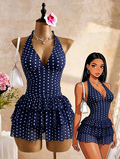 Bellisia Navy Blue Polka Dot Halter Neck Backless Deep V 3-Tier Ruffle Hem Swimsuit Skirt,Sweet & Cute Style For Summer,Tropical,Holiday,Pool Party,Holiday