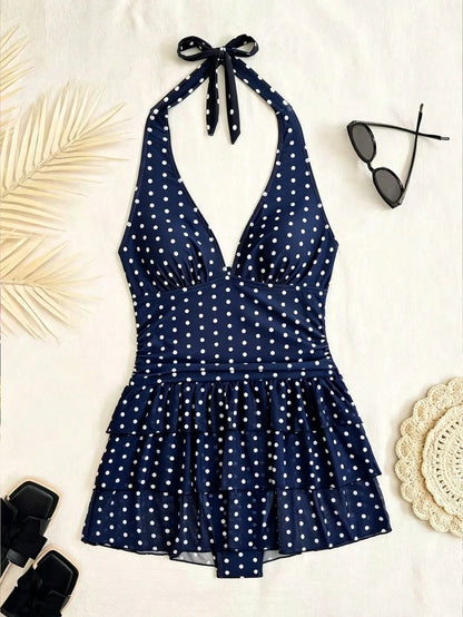 Bellisia Navy Blue Polka Dot Halter Neck Backless Deep V 3-Tier Ruffle Hem Swimsuit Skirt,Sweet & Cute Style For Summer,Tropical,Holiday,Pool Party,Holiday