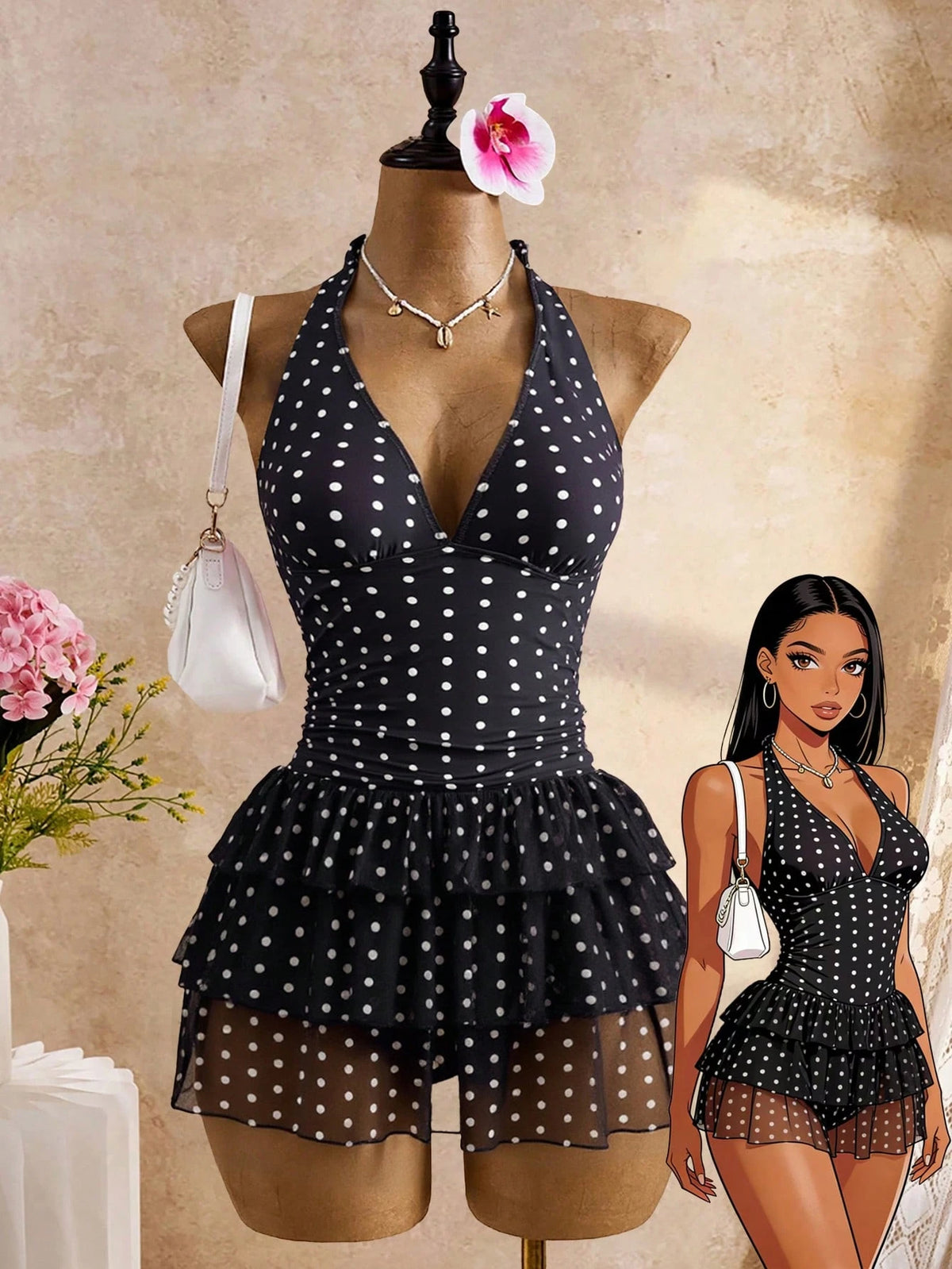 Bellisia Navy Blue Polka Dot Halter Neck Backless Deep V 3-Tier Ruffle Hem Swimsuit Skirt,Sweet & Cute Style For Summer,Tropical,Holiday,Pool Party,Holiday